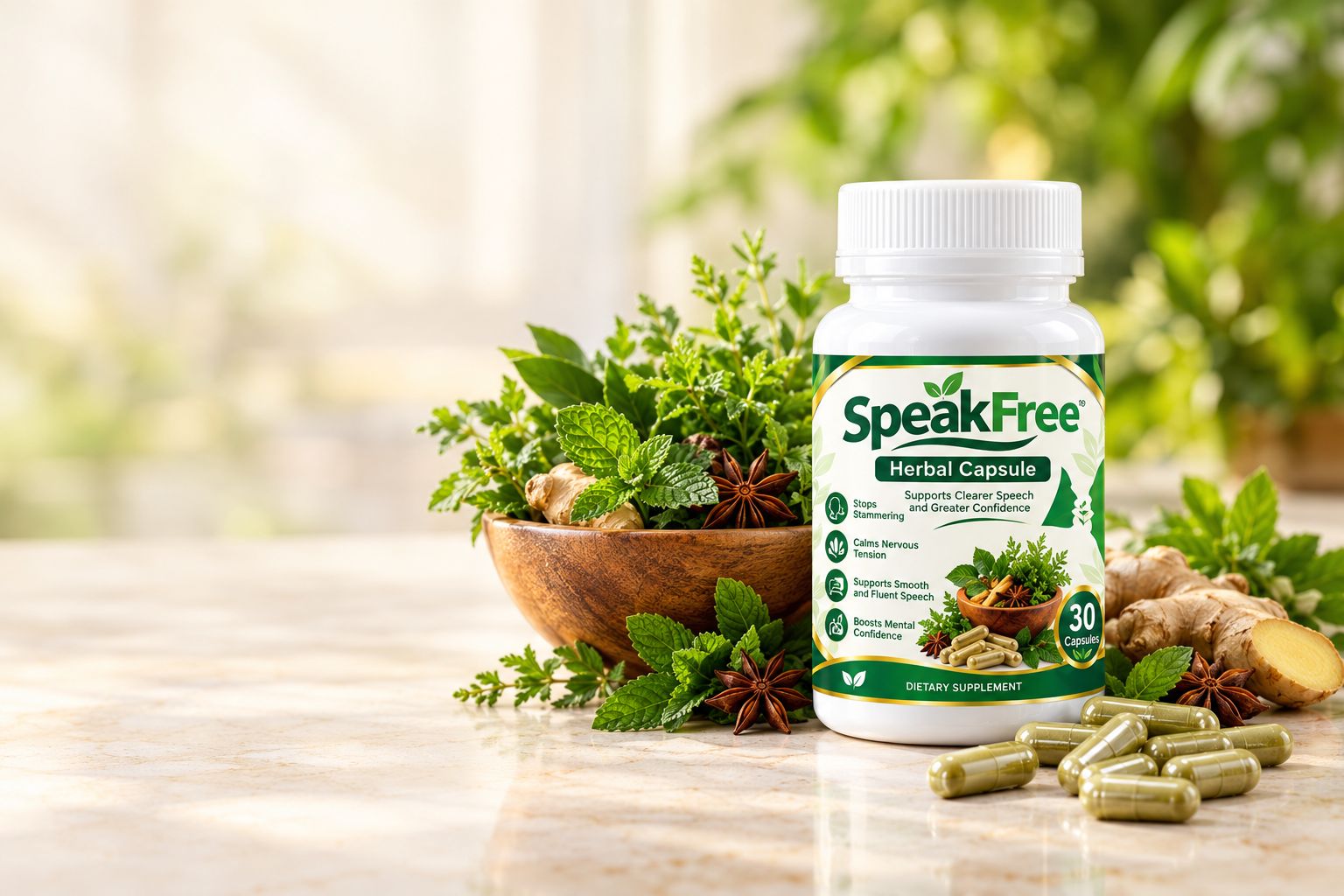 SpeakFree bottle with capsules and herbs